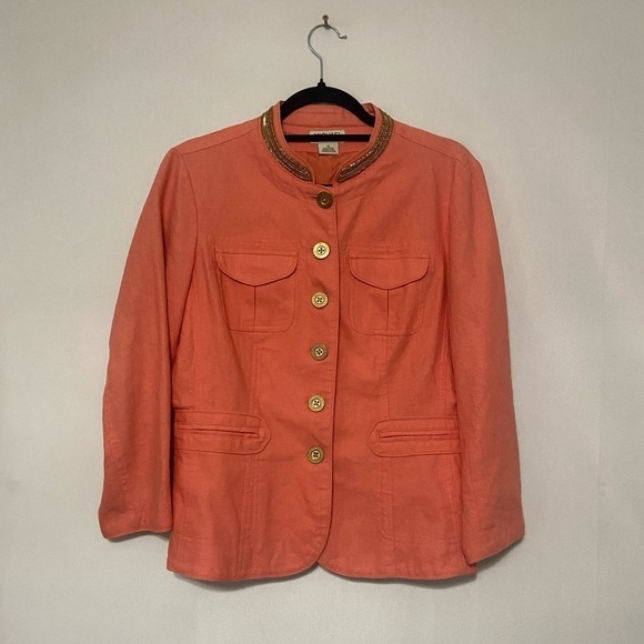 Michael Kors LIKE NEW coral linen blend military style jacket w/ beading size 12 - Picture 1 of 6